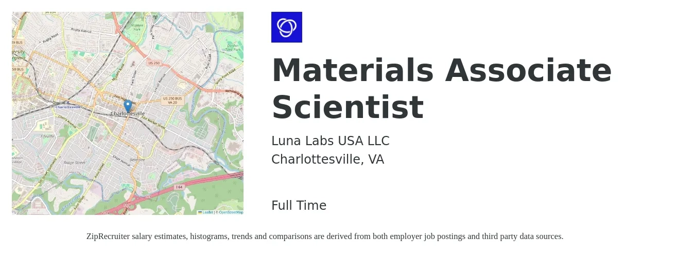 Luna Labs USA LLC job posting for a Materials Associate Scientist in Charlottesville, VA with a salary of $65,000 to $75,000 Yearly with a map of Charlottesville location.