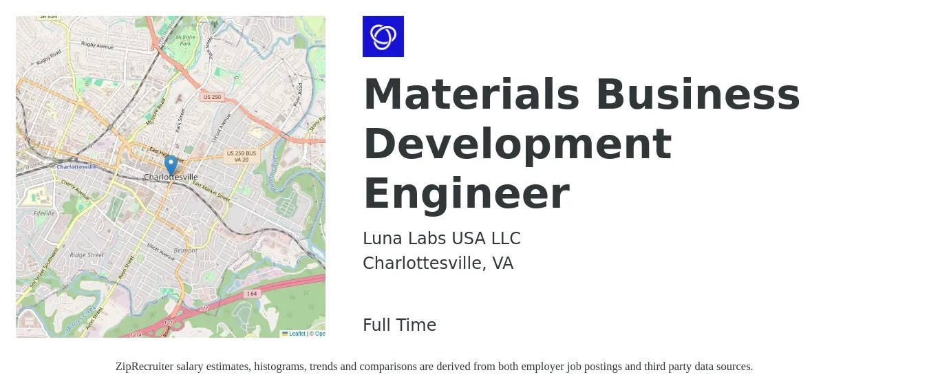 Luna Labs USA LLC job posting for a Materials Business Development Engineer in Charlottesville, VA with a map of Charlottesville location.
