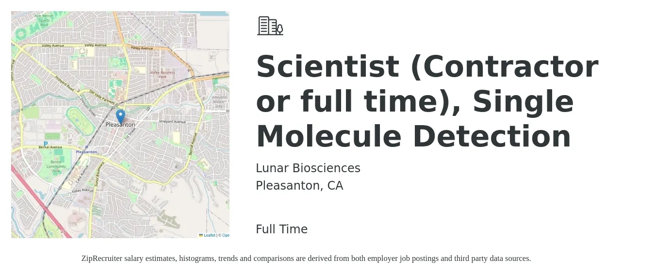 Lunar Biosciences job posting for a Scientist (Contractor or full time), Single Molecule Detection in Pleasanton, CA with a map of Pleasanton location.