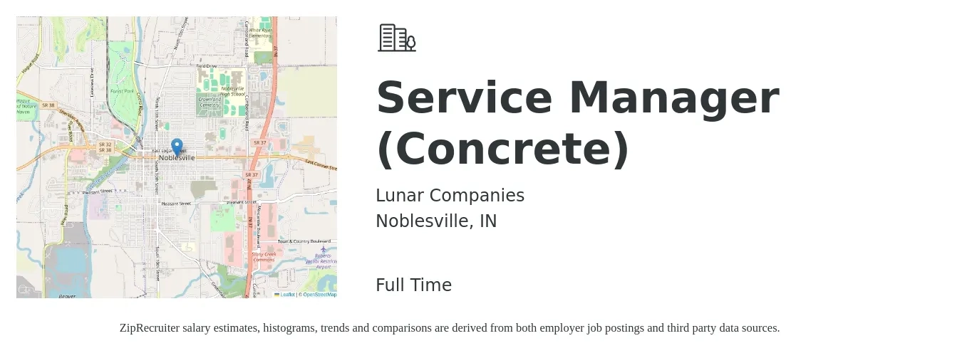Lunar Companies job posting for a Service Manager (Concrete) in Noblesville, IN with a salary of $48,800 to $75,600 Yearly with a map of Noblesville location.