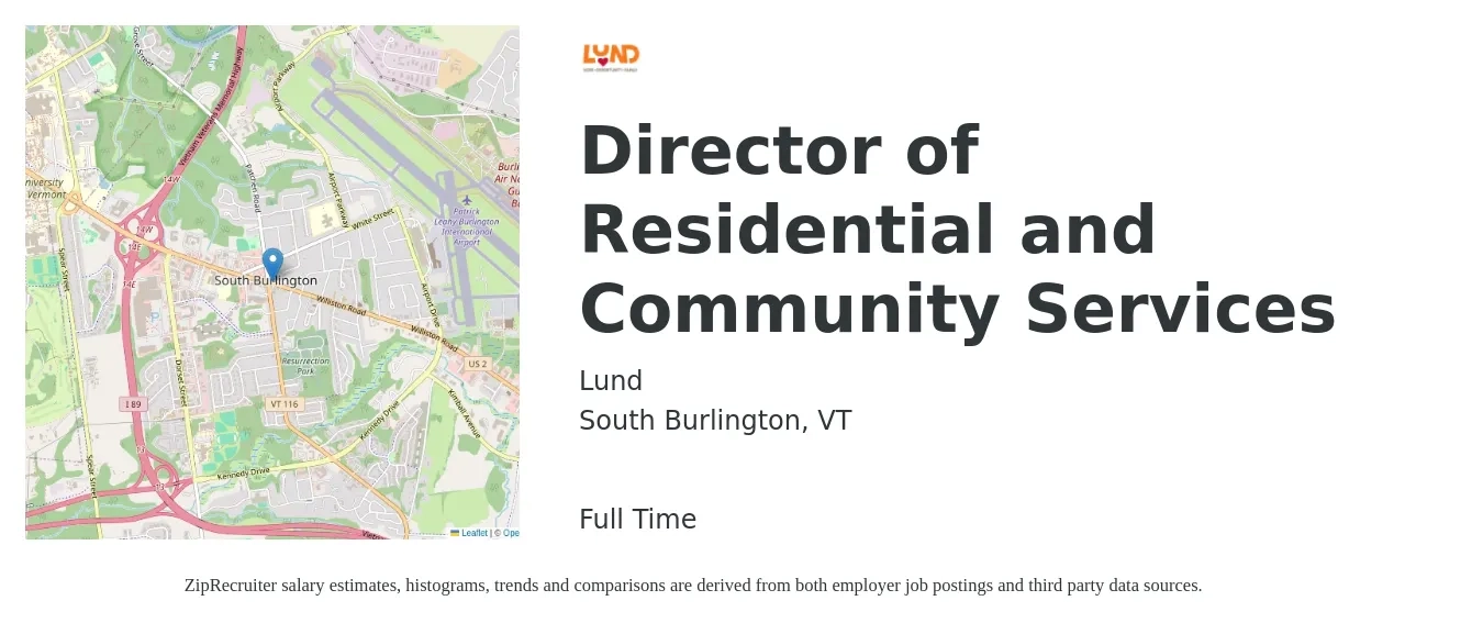 Lund job posting for a Director of Residential and Community Services in South Burlington, VT with a salary of $60,200 to $96,400 Yearly with a map of South Burlington location.