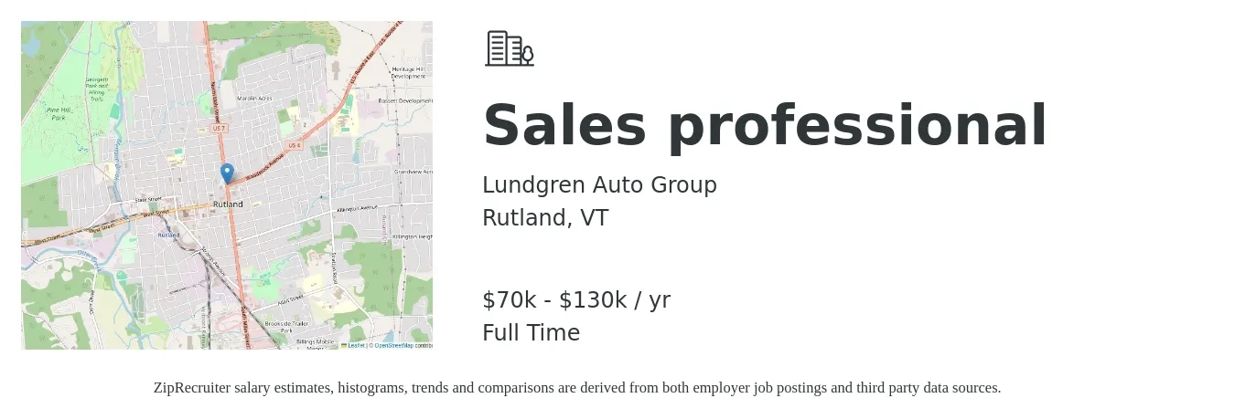 Lundgren Auto Group job posting for a Sales professional in Rutland, VT with a salary of $70,000 to $130,000 Yearly with a map of Rutland location.