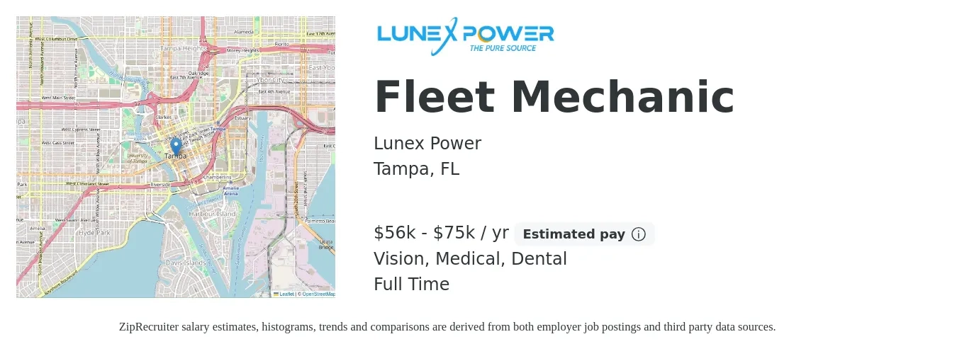Lunex Power job posting for a Fleet Mechanic in Tampa, FL with a salary of $56,000 to $75,000 Yearly and benefits including pto, vision, dental, life_insurance, and medical with a map of Tampa location.