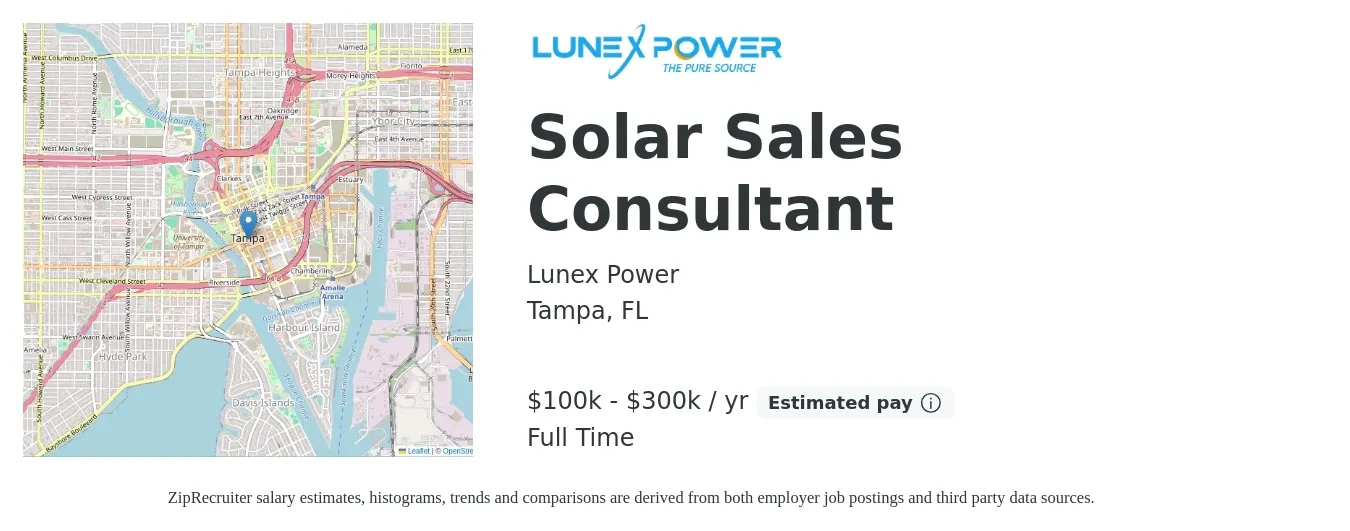 Lunex Power job posting for a Solar Sales Consultant in Tampa, FL with a salary of $100,000 to $300,000 Yearly with a map of Tampa location.