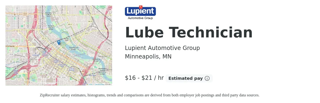 Lupient Automotive Group job posting for a Lube Technician in Minneapolis, MN with a salary of $17 to $22 Hourly with a map of Minneapolis location.