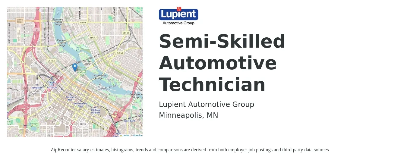 Lupient Automotive Group job posting for a Semi-Skilled Automotive Technician in Minneapolis, MN with a salary of $23 to $36 Hourly with a map of Minneapolis location.