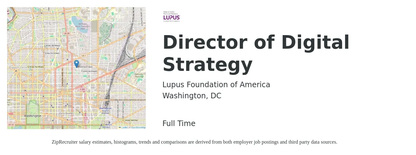 Lupus Foundation of America job posting for a Director of Digital Strategy in Washington, DC with a salary of $120,800 to $198,700 Yearly with a map of Washington location.