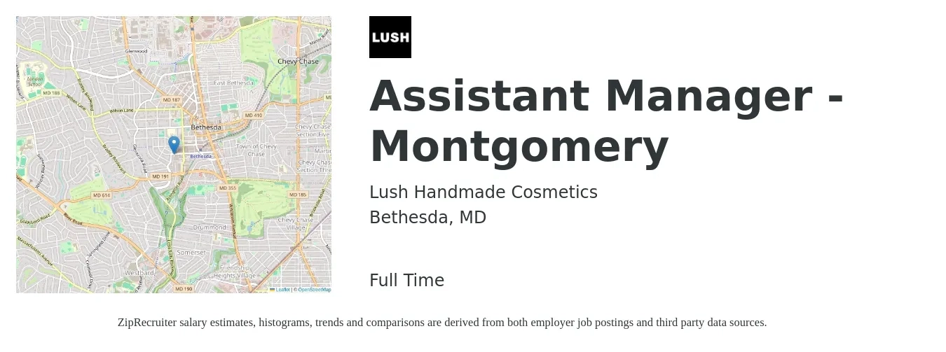 Lush Handmade Cosmetics job posting for a Assistant Manager - Montgomery in Bethesda, MD with a salary of $17 to $24 Hourly with a map of Bethesda location.