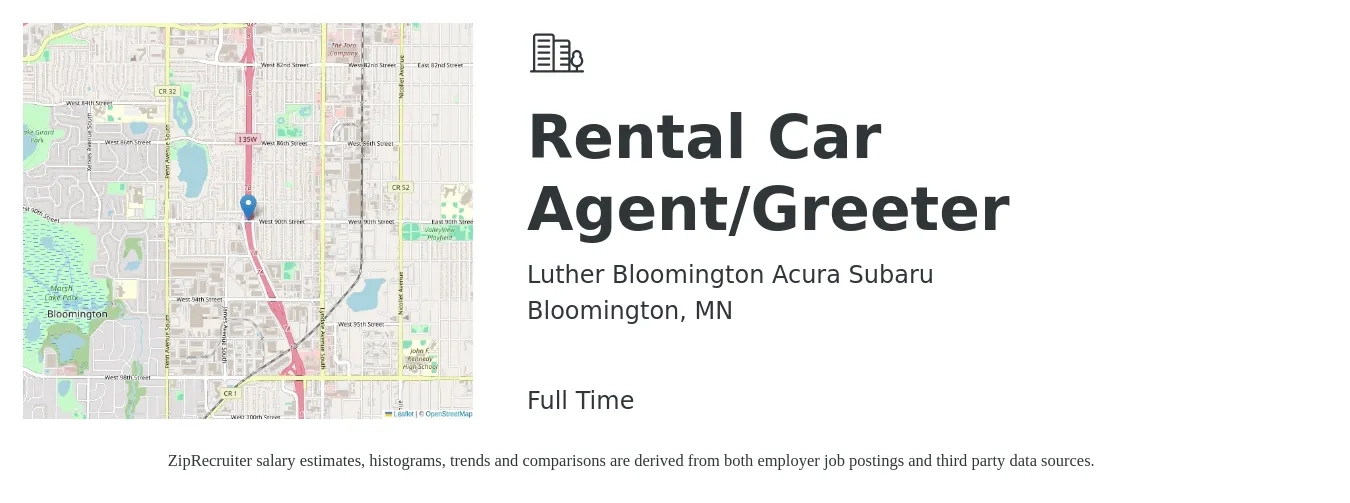 Luther Bloomington Acura Subaru job posting for a Rental Car Agent/Greeter in Bloomington, MN with a salary of $14 to $18 Hourly with a map of Bloomington location.