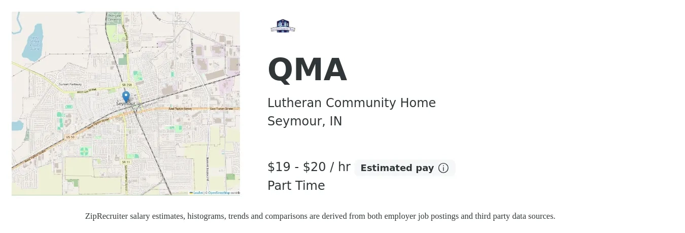 Lutheran Community Home job posting for a QMA in Seymour, IN with a salary of $14 to $17 Hourly with a map of Seymour location.