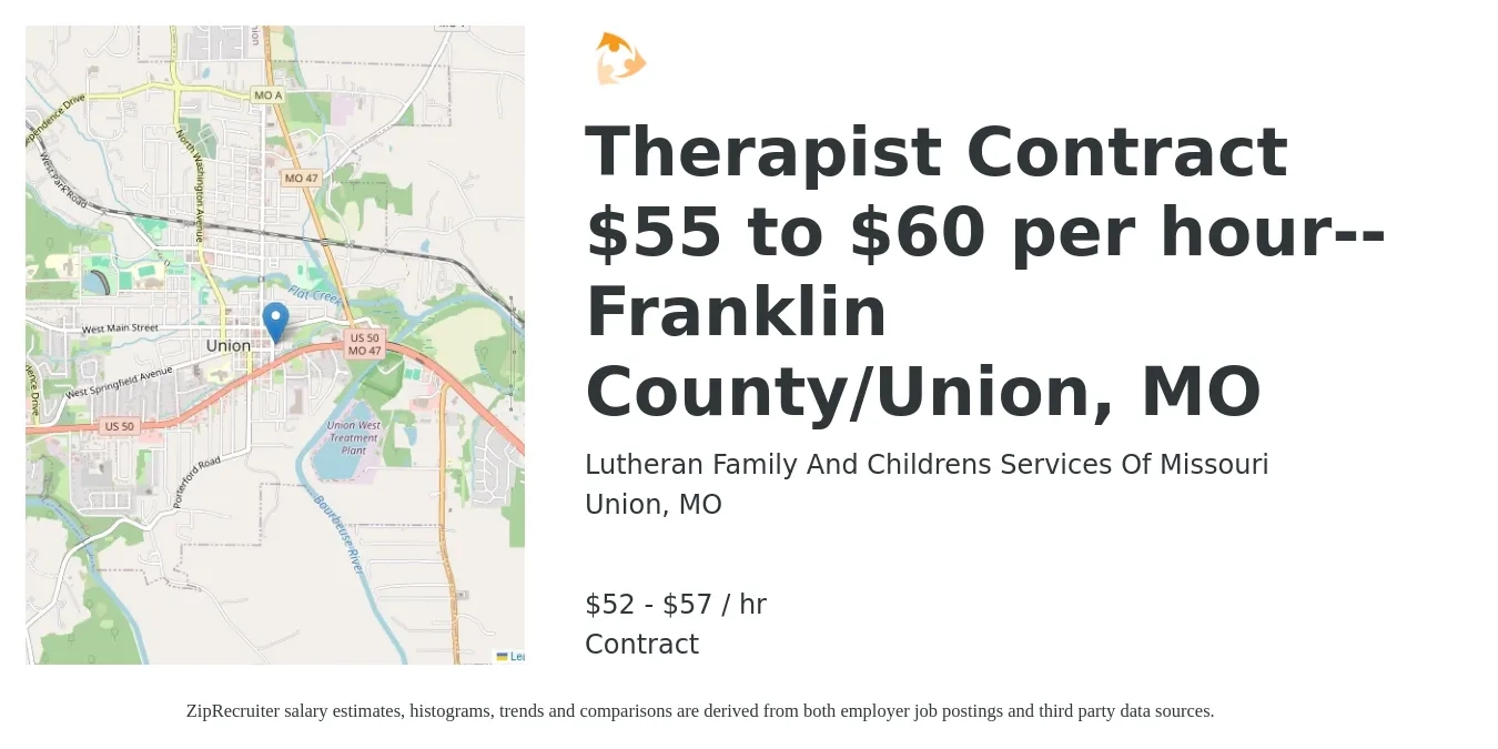 Lutheran Family And Childrens Services Of Missouri job posting for a Therapist Contract $55 to $60 per hour--Franklin County/Union, MO in Union, MO with a salary of $55 to $60 Hourly with a map of Union location.