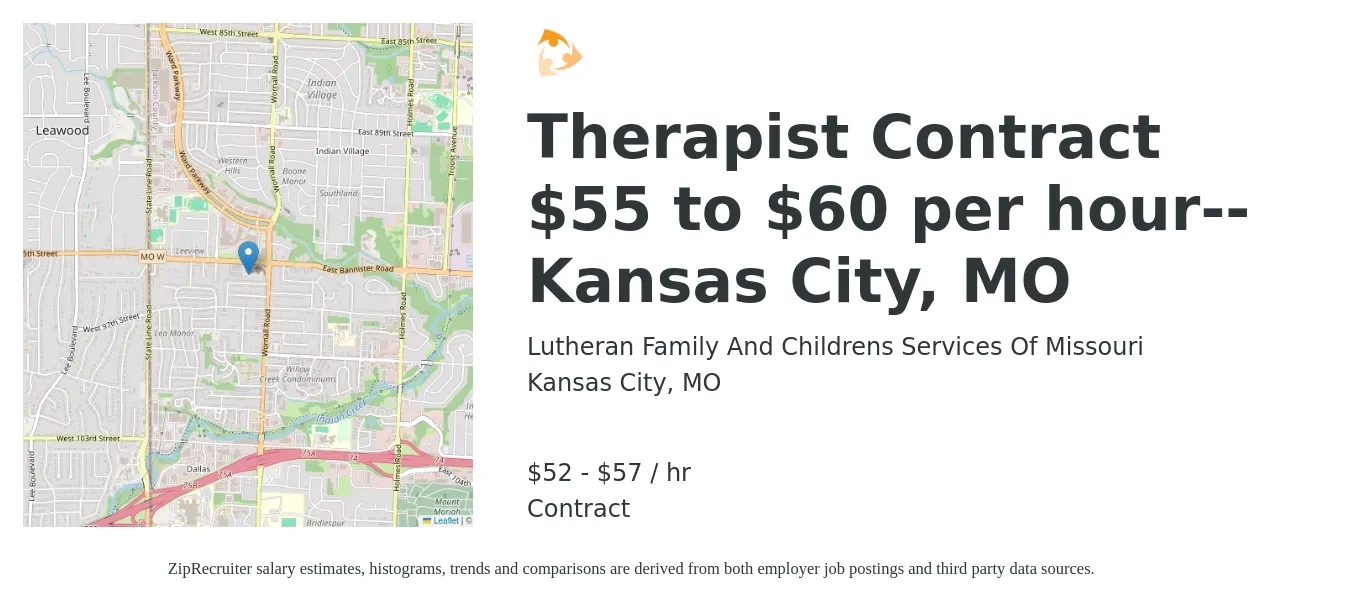 Lutheran Family And Childrens Services Of Missouri job posting for a Therapist Contract $55 to $60 per hour--Kansas City, MO in Kansas City, MO with a salary of $55 to $60 Hourly with a map of Kansas City location.