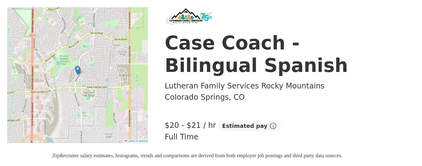 Lutheran Family Services Rocky Mountains job posting for a Case Coach - Bilingual Spanish in Colorado Springs, CO with a salary of $21 to $22 Hourly with a map of Colorado Springs location.