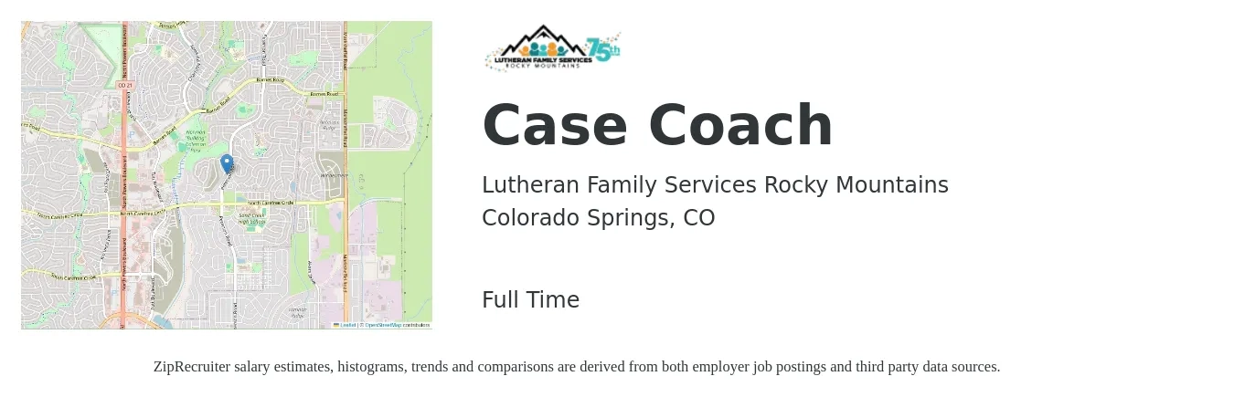 Lutheran Family Services Rocky Mountains job posting for a Case Coach in Colorado Springs, CO with a salary of $20 to $28 Hourly with a map of Colorado Springs location.