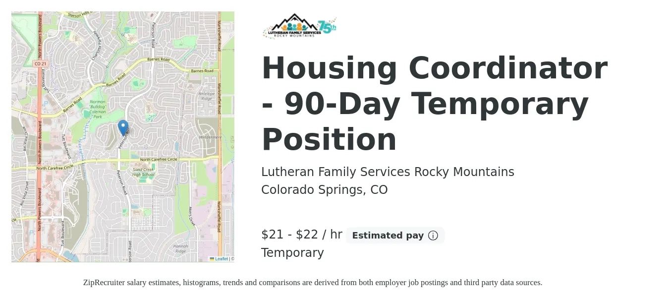 Lutheran Family Services Rocky Mountains job posting for a Housing Coordinator - 90-Day Temporary Position in Colorado Springs, CO with a salary of $22 to $23 Hourly with a map of Colorado Springs location.