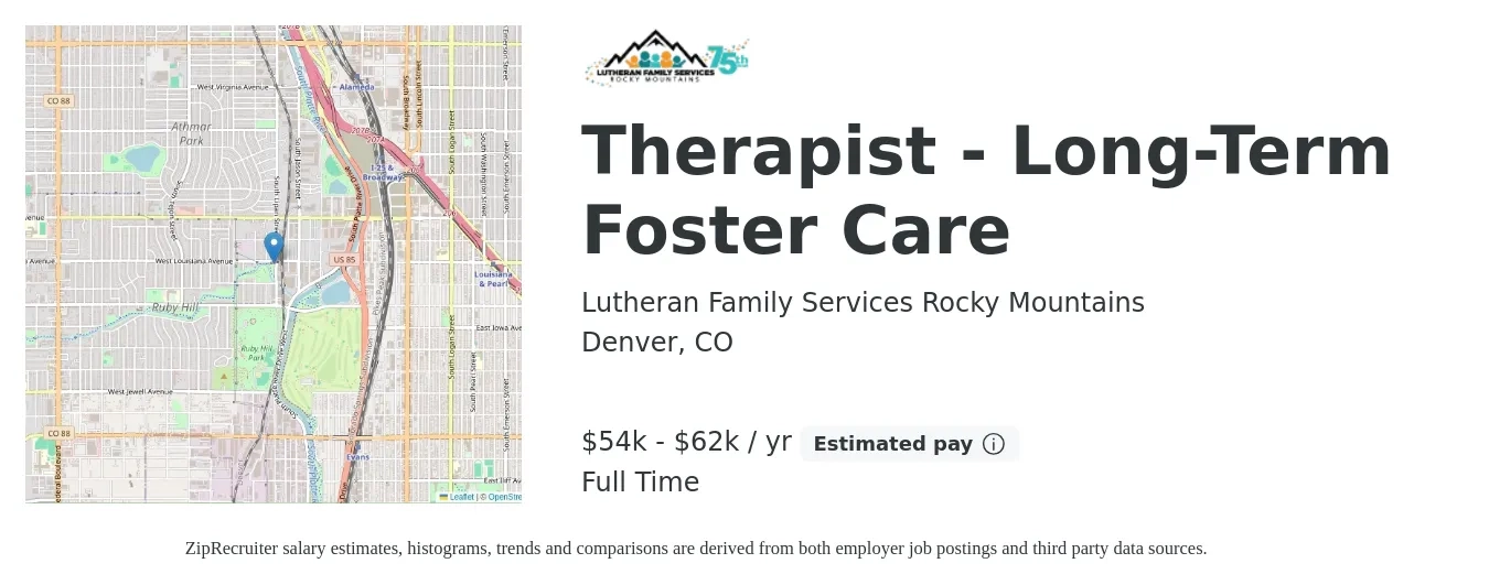 Lutheran Family Services Rocky Mountains job posting for a Therapist - Long-Term Foster Care in Denver, CO with a salary of $54,000 to $62,400 Yearly with a map of Denver location.
