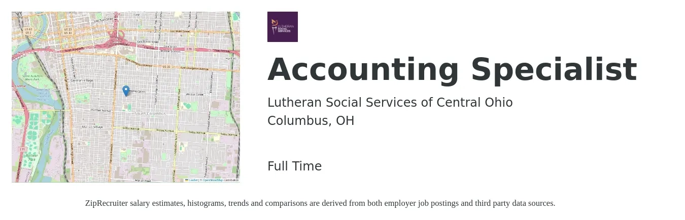 Lutheran Social Services of Central Ohio job posting for a Accounting Specialist in Columbus, OH with a salary of $60,000 to $75,000 Yearly with a map of Columbus location.