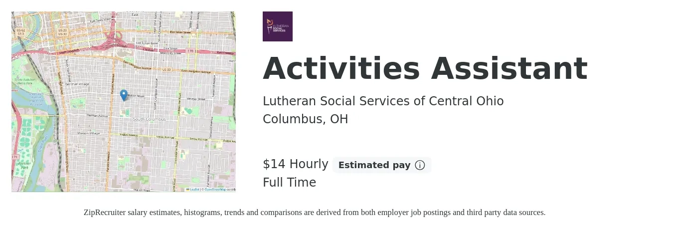 Lutheran Social Services of Central Ohio job posting for a Activities Assistant in Columbus, OH with a salary of $15 to $16 Hourly with a map of Columbus location.