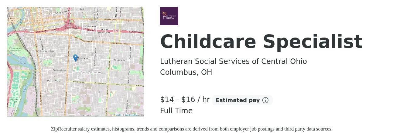 Lutheran Social Services of Central Ohio job posting for a Child Care Specialist in Columbus, OH with a salary of $15 to $17 Hourly with a map of Columbus location.