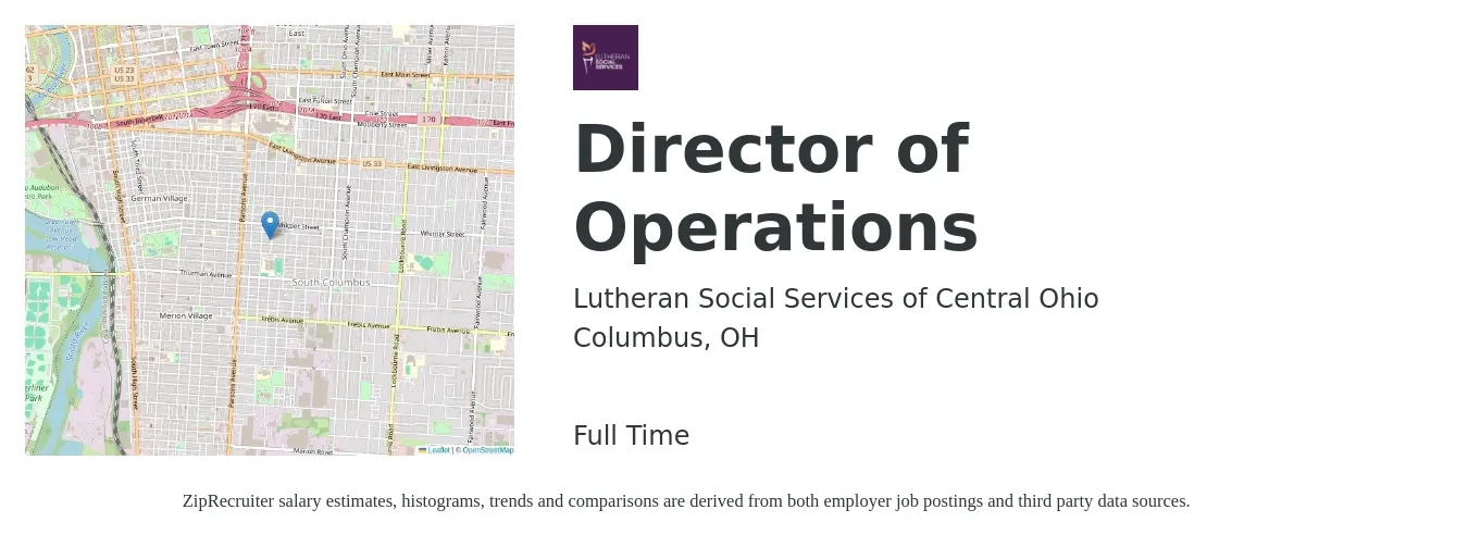 Lutheran Social Services of Central Ohio job posting for a Director of Operations in Columbus, OH with a salary of $60,000 to $80,000 Yearly with a map of Columbus location.