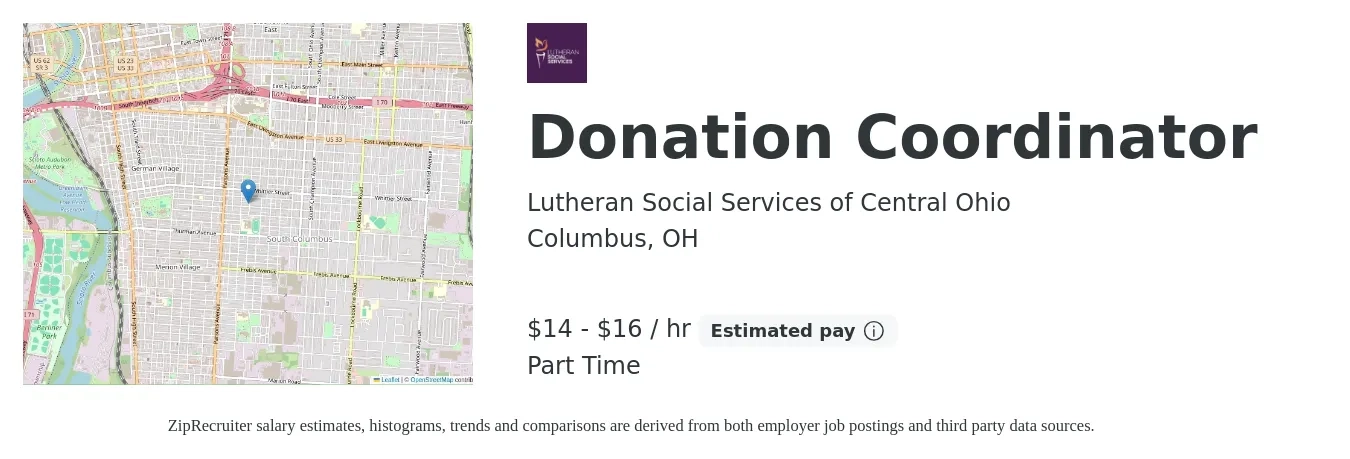 Lutheran Social Services of Central Ohio job posting for a Donation Coordinator in Columbus, OH with a salary of $15 to $17 Hourly with a map of Columbus location.