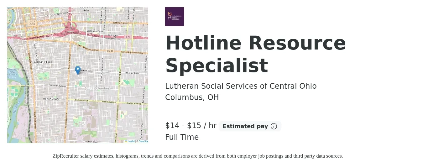Lutheran Social Services of Central Ohio job posting for a Hotline Resource Specialist in Columbus, OH with a salary of $15 to $16 Hourly with a map of Columbus location.