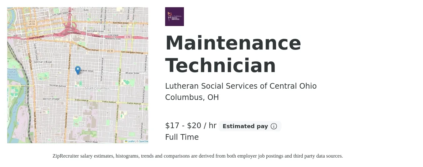 Lutheran Social Services of Central Ohio job posting for a Maintenance Technician in Columbus, OH with a salary of $18 to $21 Hourly with a map of Columbus location.