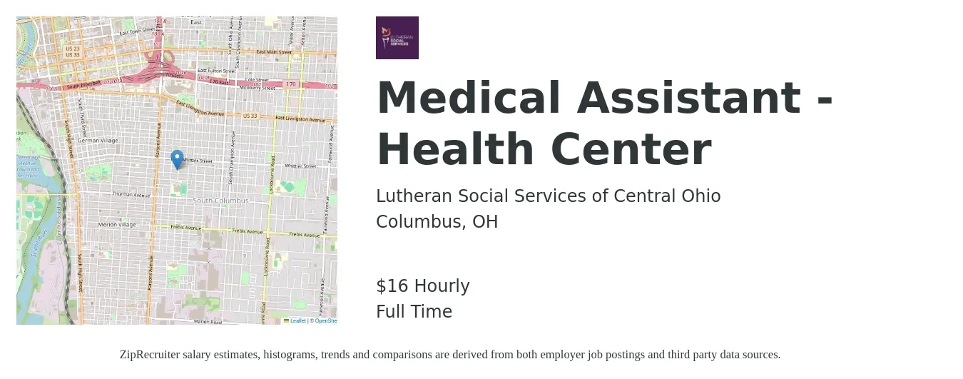 Lutheran Social Services of Central Ohio job posting for a Medical Assistant - Health Center in Columbus, OH with a salary of $17 Hourly with a map of Columbus location.