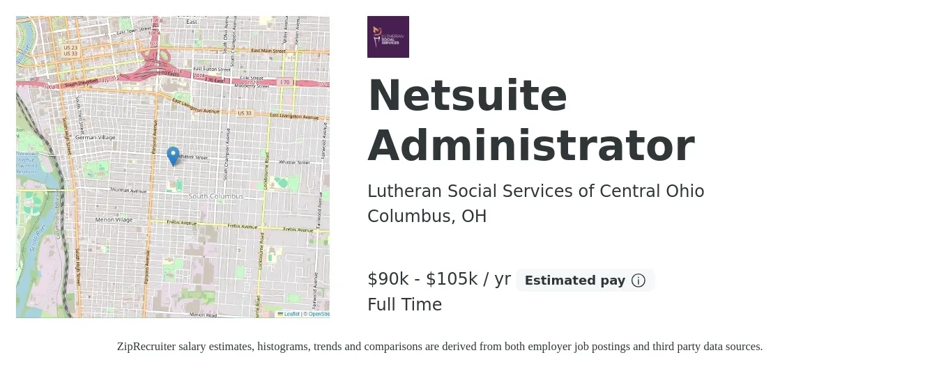 Lutheran Social Services of Central Ohio job posting for a Netsuite Administrator in Columbus, OH with a salary of $90,000 to $105,000 Yearly with a map of Columbus location.