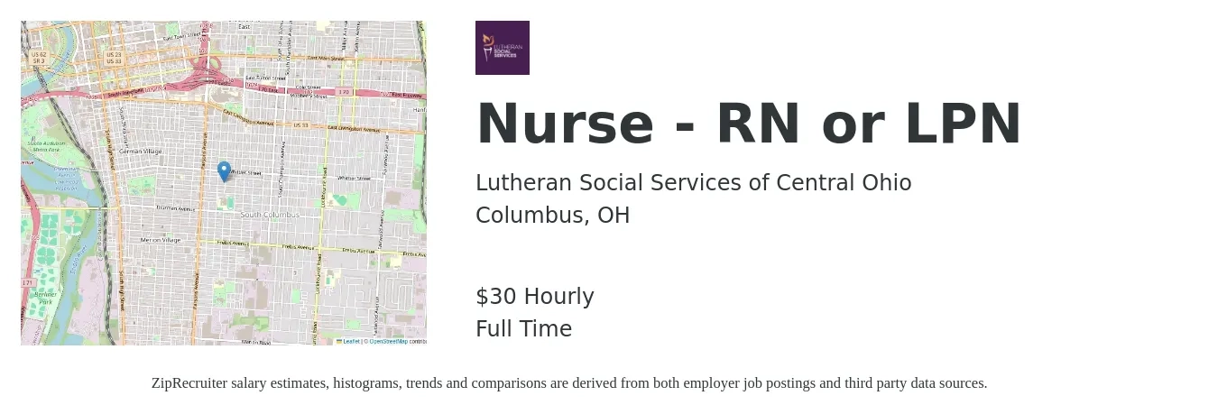Lutheran Social Services of Central Ohio job posting for a Nurse - RN or LPN in Columbus, OH with a salary of $29 to $32 Hourly with a map of Columbus location.