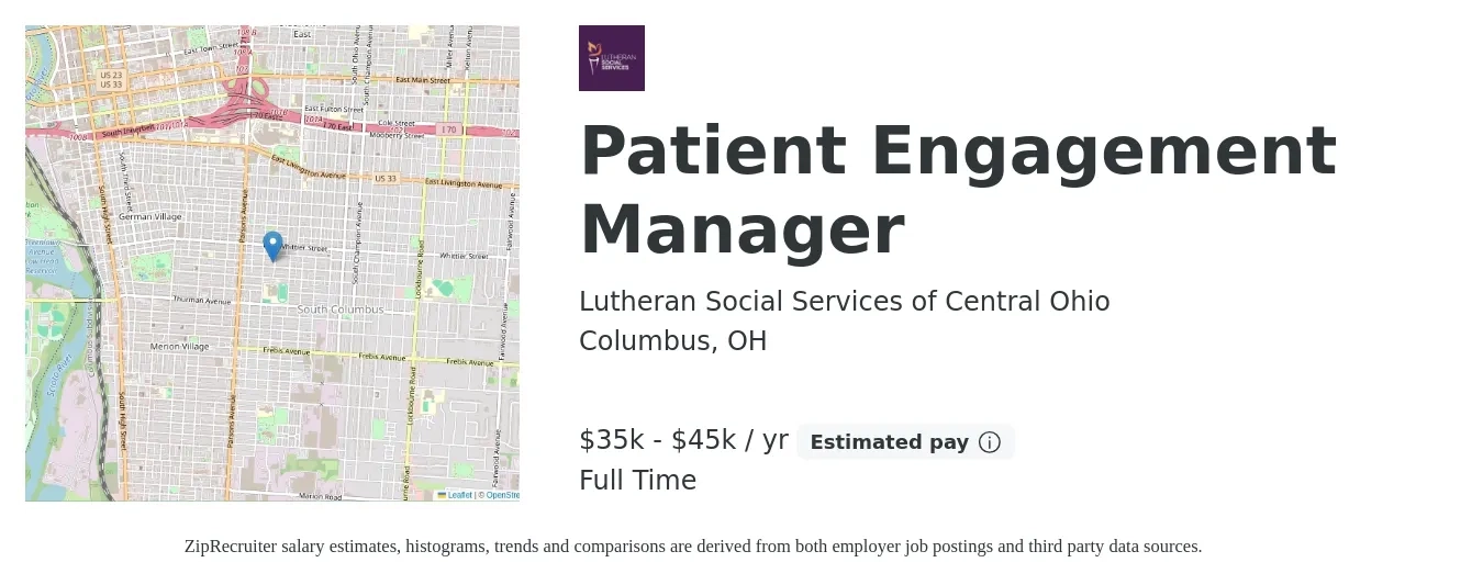 Lutheran Social Services of Central Ohio job posting for a Patient Engagement Manager in Columbus, OH with a salary of $35,000 to $45,000 Yearly with a map of Columbus location.
