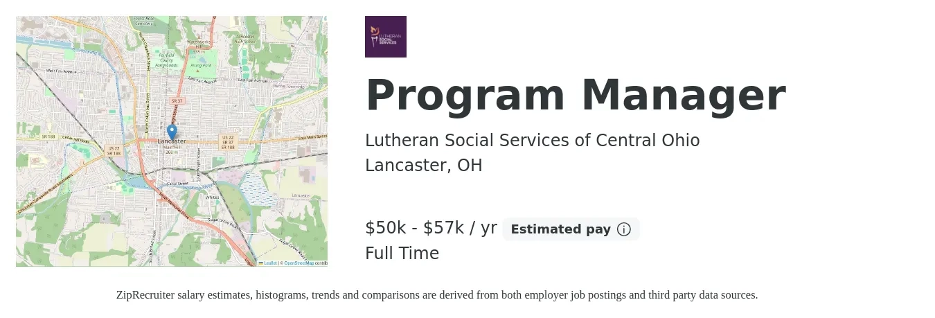 Lutheran Social Services of Central Ohio job posting for a Program Manager in Lancaster, OH with a salary of $50,500 to $57,500 Yearly with a map of Lancaster location.