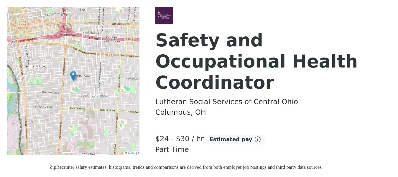 Lutheran Social Services of Central Ohio job posting for a Safety and Occupational Health Coordinator in Columbus, OH with a salary of $25 to $32 Hourly with a map of Columbus location.
