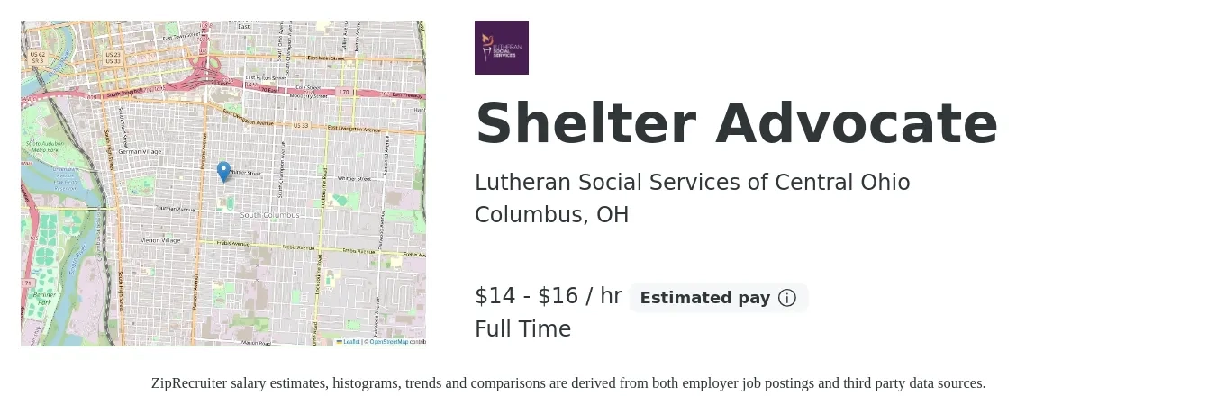 Lutheran Social Services of Central Ohio job posting for a Shelter Advocate in Columbus, OH with a salary of $15 to $17 Hourly with a map of Columbus location.