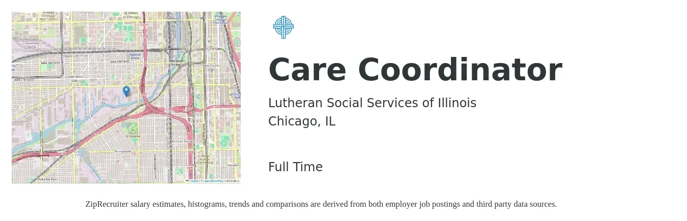 Lutheran Social Services of Illinois job posting for a Care Coordinator in Chicago, IL with a salary of $48,000 Yearly with a map of Chicago location.