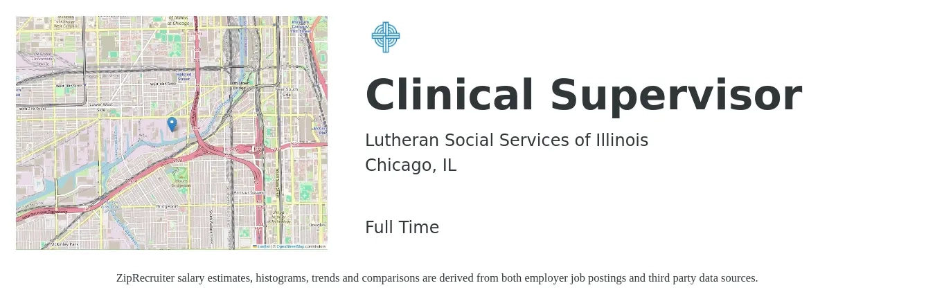 Lutheran Social Services of Illinois job posting for a Clinical Supervisor in Chicago, IL with a salary of $60,000 to $65,000 Yearly with a map of Chicago location.