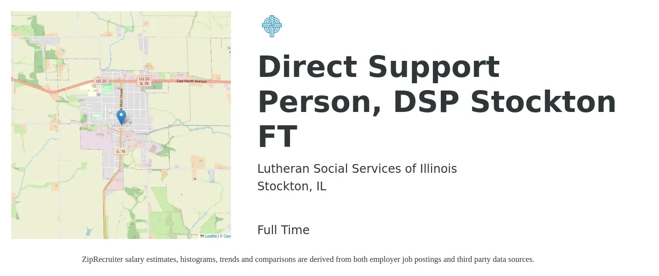 Lutheran Social Services of Illinois job posting for a Direct Support Person, DSP Stockton FT in Stockton, IL with a salary of $16 Hourly with a map of Stockton location.