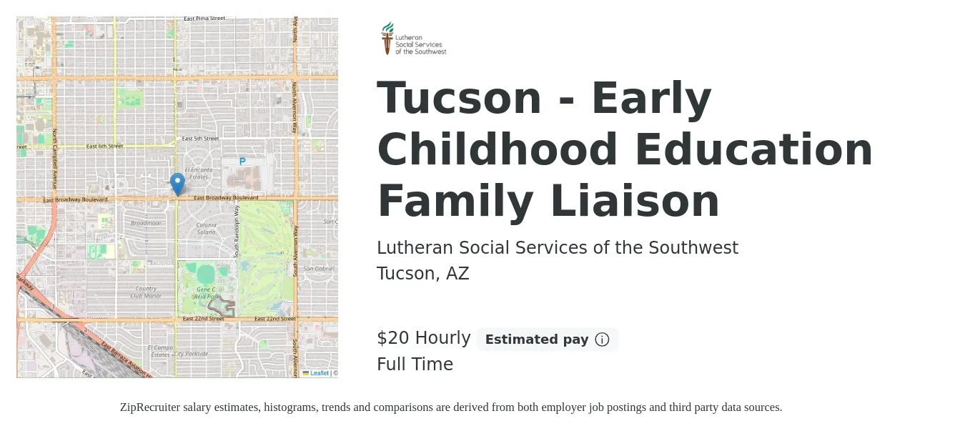 Lutheran Social Services of the Southwest job posting for a Tucson - Early Childhood Education Family Liaison in Tucson, AZ with a salary of $22 Hourly with a map of Tucson location.