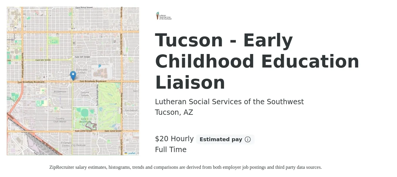 Lutheran Social Services of the Southwest job posting for a Tucson - Early Childhood Education Liaison in Tucson, AZ with a salary of $22 Hourly with a map of Tucson location.