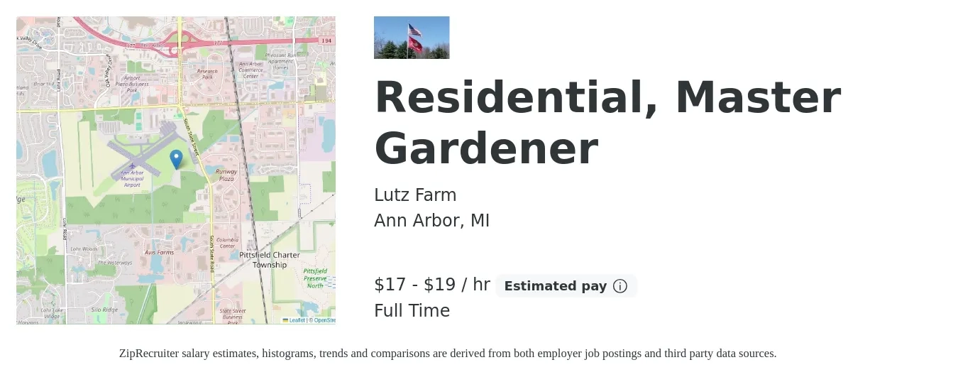 Lutz Farm job posting for a Residential, Master Gardener in Ann Arbor, MI with a salary of $18 to $20 Hourly with a map of Ann Arbor location.