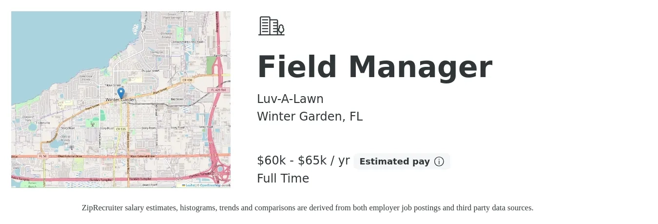 Luv-A-Lawn job posting for a Field Manager in Winter Garden, FL with a salary of $60,000 to $65,000 Yearly with a map of Winter Garden location.