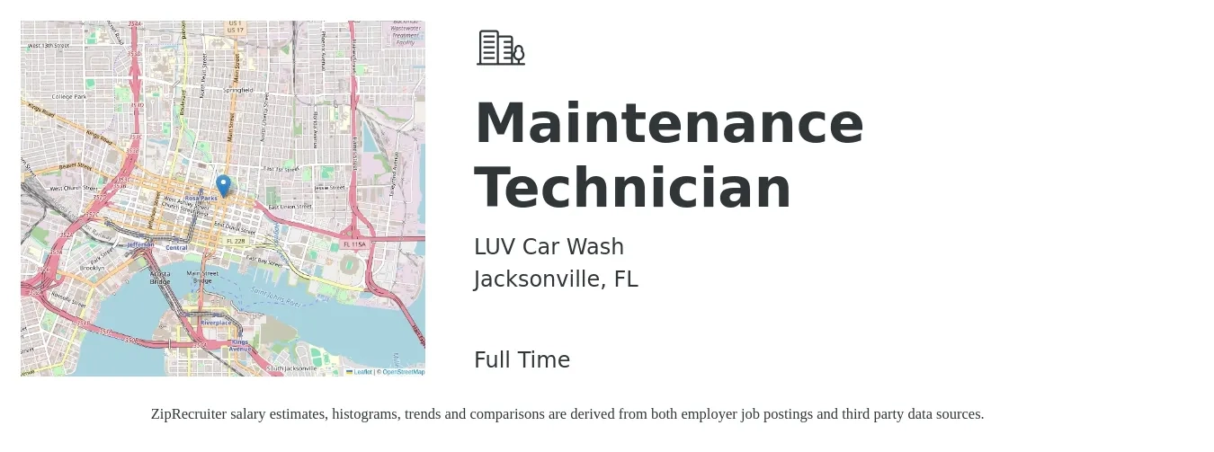 LUV Carwash job posting for a Maintenance Technician in Jacksonville, FL with a salary of $18 to $24 Hourly with a map of Jacksonville location.