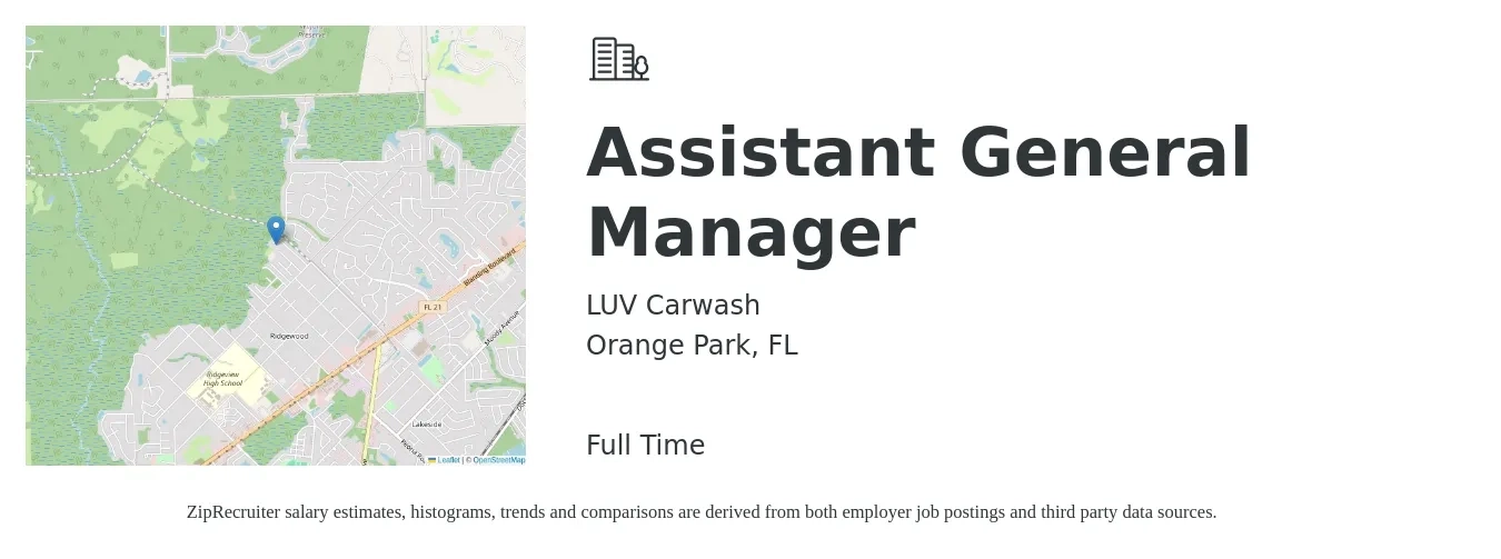LUV Carwash job posting for a Assistant General Manager in Orange Park, FL with a salary of $14 to $21 Hourly with a map of Orange Park location.
