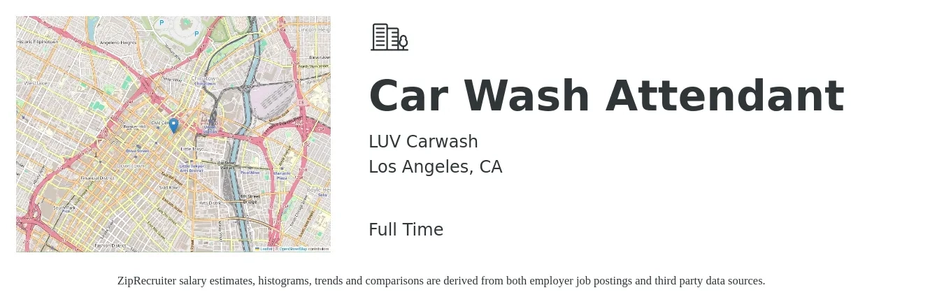 LUV Carwash job posting for a Car Wash Attendant in Los Angeles, CA with a salary of $17 Hourly with a map of Los Angeles location.