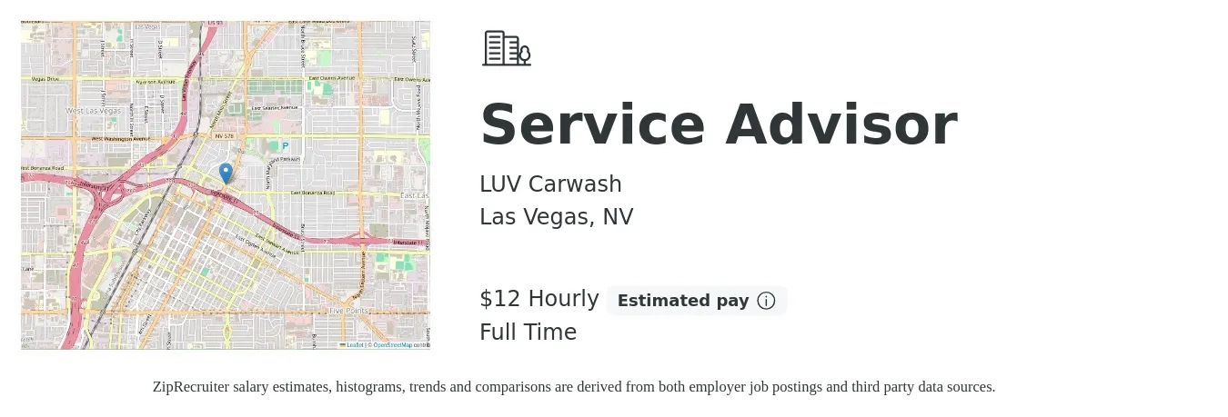 LUV Carwash job posting for a Service Advisor in Las Vegas, NV with a salary of $18 to $28 Hourly with a map of Las Vegas location.