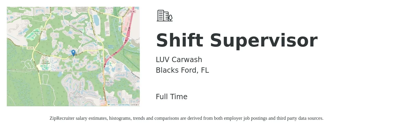 LUV Carwash job posting for a Shift Supervisor in Blacks Ford, FL with a salary of $14 to $18 Hourly with a map of Blacks Ford location.