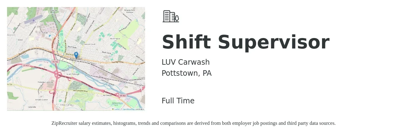 LUV Carwash job posting for a Shift Supervisor in Pottstown, PA with a salary of $14 to $18 Hourly with a map of Pottstown location.