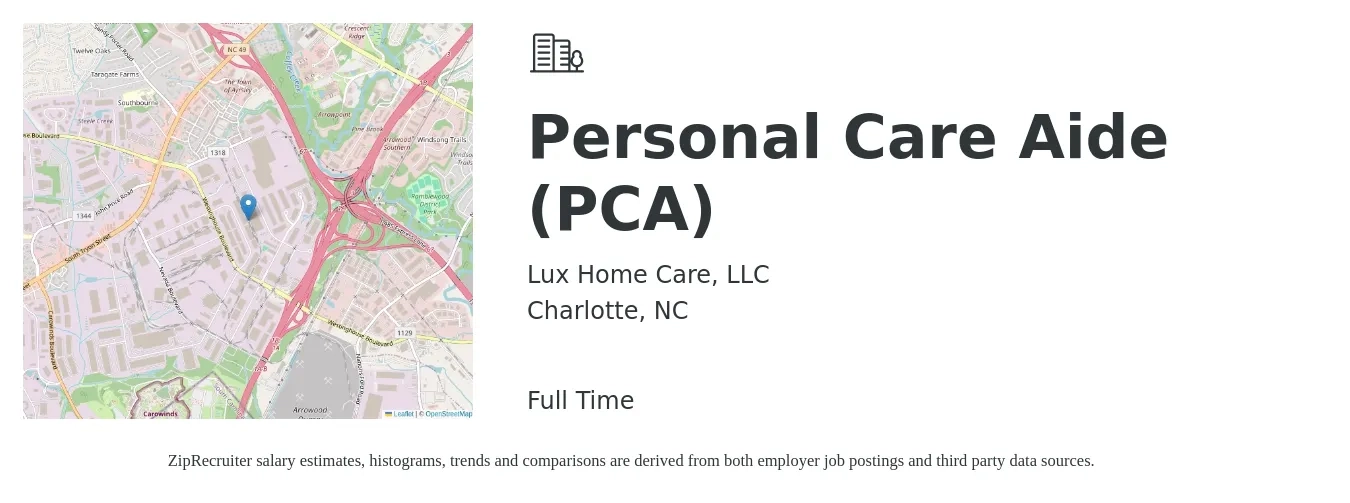 Lux Home Care, LLC job posting for a Personal Care Aide (PCA) in Charlotte, NC with a salary of $12 to $16 Hourly with a map of Charlotte location.