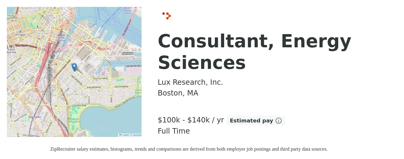Lux Research, Inc. job posting for a Consultant, Energy Sciences in Boston, MA with a salary of $100,000 to $140,000 Yearly with a map of Boston location.