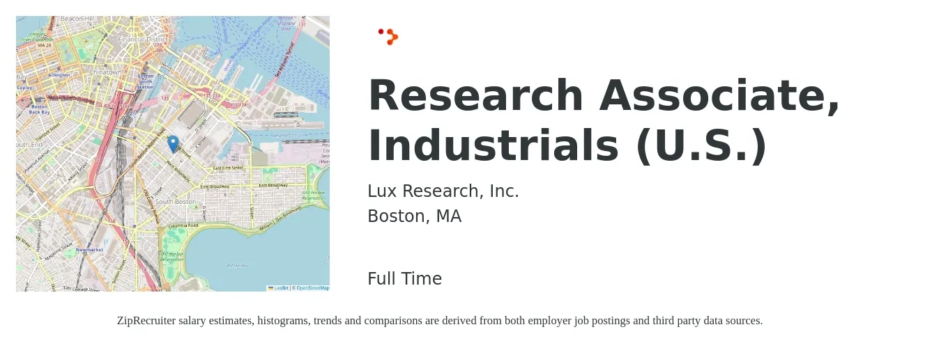 Lux Research, Inc. job posting for a Research Associate - Industrials (U.S.) in Boston, MA with a salary of $30 to $42 Hourly with a map of Boston location.